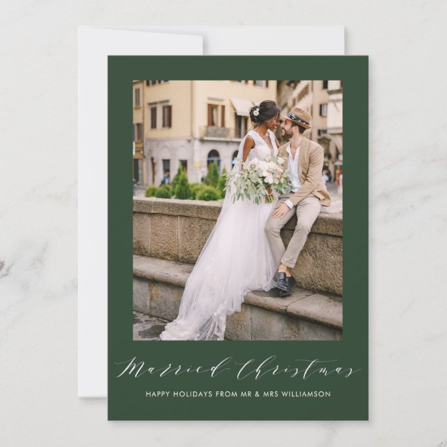 Tarjeta Festiva white thin script holiday wedding announcement (Anverso)