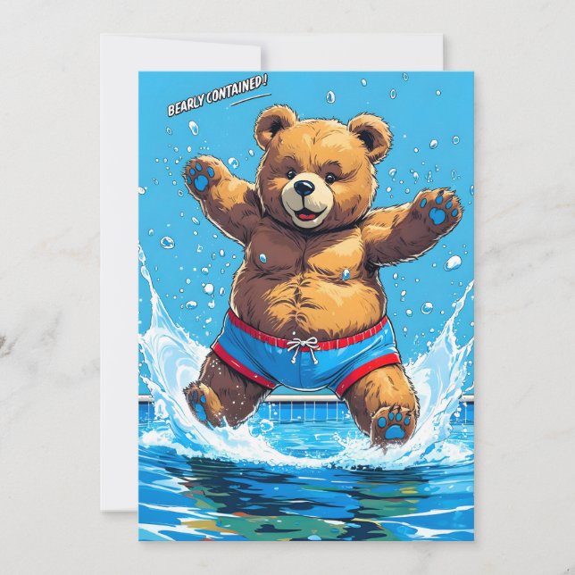 Tarjeta Festiva Wild Bear Summer Vintage Pool  (Anverso)