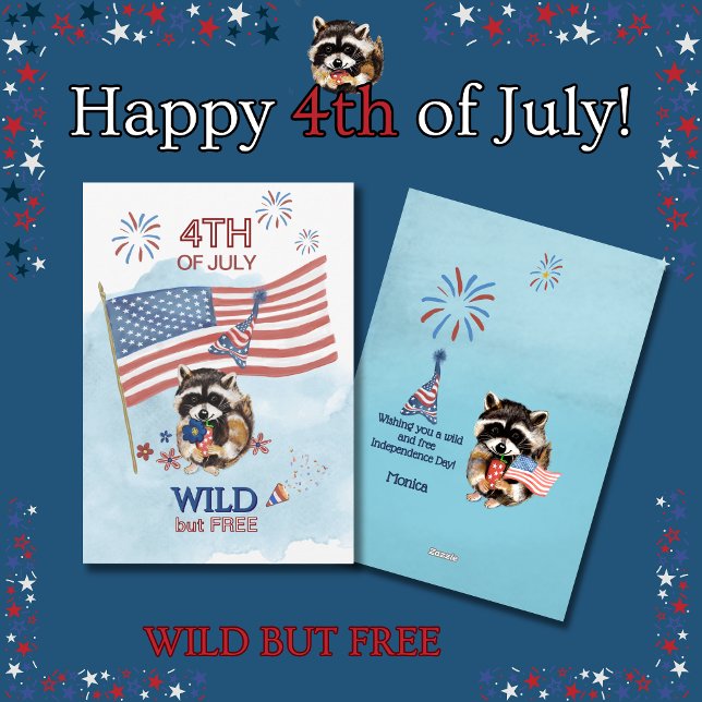 Tarjeta Festiva Wild Raccoon Chica celebra el 4 de julio (Wild Raccoon Girl Celebrates Fourth of July Holiday Card)