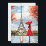 Tarjeta Festiva Wind Romance Paris Moda Walk<br><div class="desc">Una elegante mujer con un paraguas rojo se pasea hacia la Torre Eiffel en una suave brisa otoñal. El encanto romántico parisino en tonos rojos y dorados.</div>