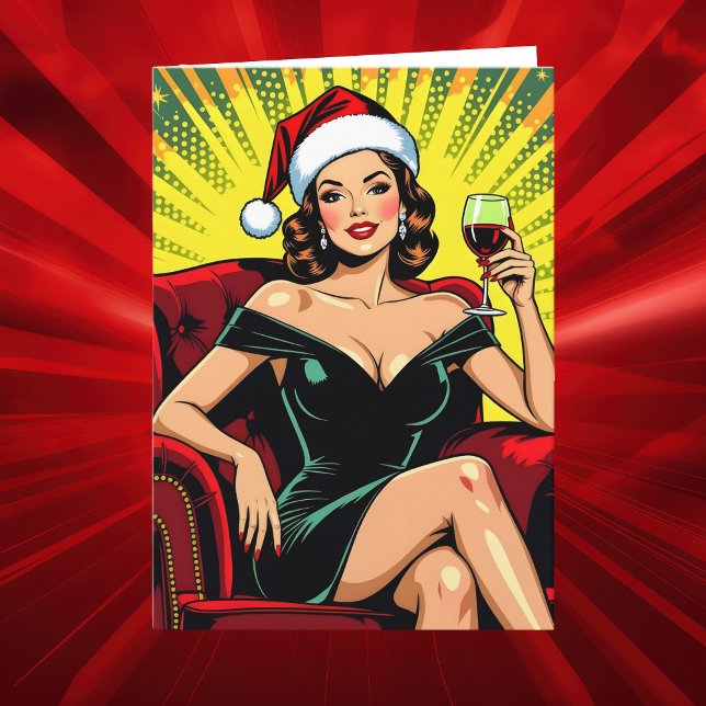 Tarjeta Festiva Wine Humor | Personalized Retro Pop Art Christmas (Subido por el creador)