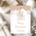 Tarjeta Festiva Winter Bear Brown Sleigh Merry Christmas<br><div class="desc">Esta linda y divertida tarjeta de vacaciones puede ser personalizada con un nombre o título, como mamá, hija, nieta, sobrina, amiga, etc. El diseño presenta un oso adorable en un trineo marrón rodeado de nieve, montañas y pinos. El texto combina guiones manuscritos y sans serif para un estilo elegante y...</div>
