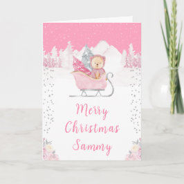 Tarjeta Festiva Winter Bear Pink Sleigh Merry Christmas