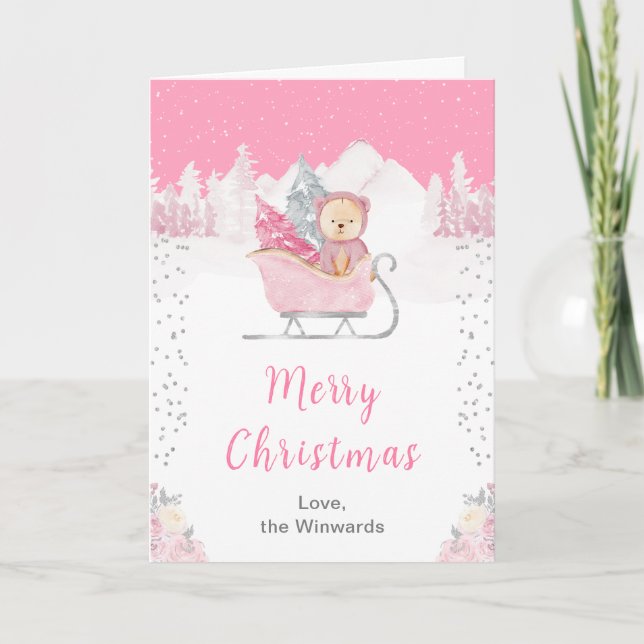 Tarjeta Festiva Winter Bear Pink Sleigh Merry Christmas (Anverso)