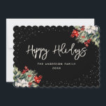 Tarjeta Festiva Winter Berries Holly Poinsettia Elegant Black<br><div class="desc">Tarjeta Black Happy Holidays con un marco de nieve adornado con poinsettia blanca,  con bayas rojas y otras zonas verdes. Personaliza fácilmente esta elegante tarjeta de vacaciones con tu texto.</div>