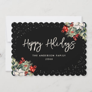 Tarjeta Festiva Winter Berries Holly Poinsettia Elegant Black