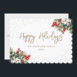Tarjeta Festiva Winter Berries Holly White Poinsettia Elegante<br><div class="desc">Tarjeta Happy Holidays de color blanco y dorado,  con un marco nevado adornado con una poinsettia blanca,  con bayas rojas y otras zonas verdes. Personaliza fácilmente esta elegante tarjeta de vacaciones con tu texto.</div>