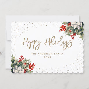 Tarjeta Festiva Winter Berries Holly White Poinsettia Elegante