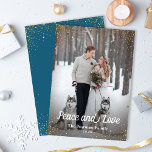 Tarjeta Festiva Winter Blue Gold Glitter Peace and Love Photo<br><div class="desc">Winter Blue Gold Glitter Peace and Love Photo Holiday Card</div>