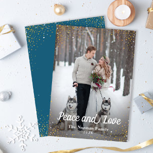 Tarjeta Festiva Winter Blue Gold Glitter Peace and Love Photo
