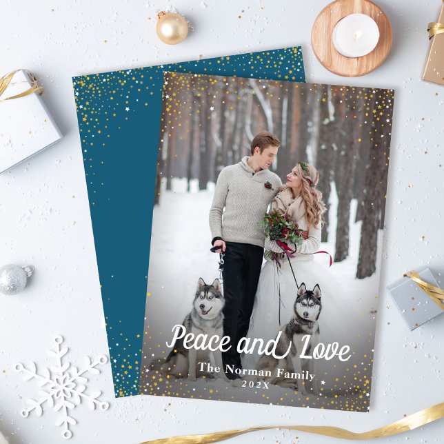 Tarjeta Festiva Winter Blue Gold Glitter Peace and Love Photo (Subido por el creador)