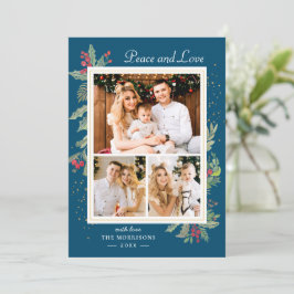 Tarjeta Festiva Winter Blue Peace and Love Holly Berries 3 Foto