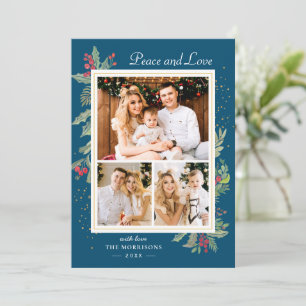Tarjeta Festiva Winter Blue Peace and Love Holly Berries 3 Foto