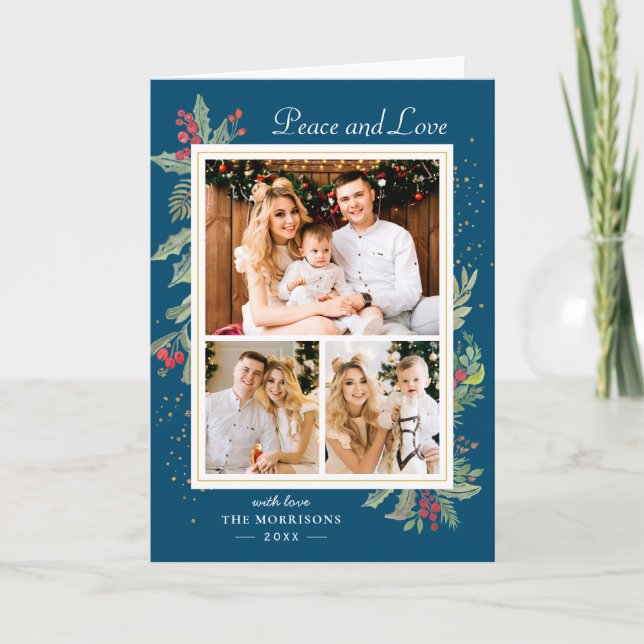 Tarjeta Festiva Winter Blue Peace and Love Holly Berries 3 Foto (Anverso)