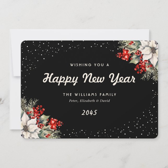 Tarjeta Festiva Winter Botanicals Snow Black New Year Card (Anverso)