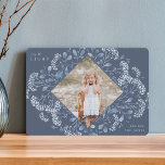 Tarjeta Festiva Winter Bouquet | Foto de Hanukkah<br><div class="desc">Elegante tarjeta fotográfica navideña cuenta con una foto favorita rodeada por un borde geométrico de delicada vegetación botánica azul y pequeñas flores acuarelas sobre un fondo azul pizarra. "Alegría y luz" aparece en la esquina superior izquierda con letras blancas, con el nombre de su familia en la parte inferior derecha....</div>