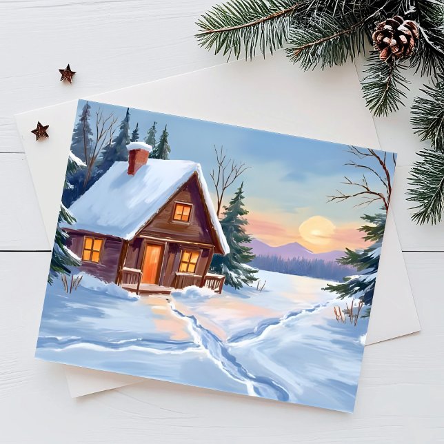 Tarjeta Festiva Winter Cabin Mountain Snow Watercolor (Subido por el creador)