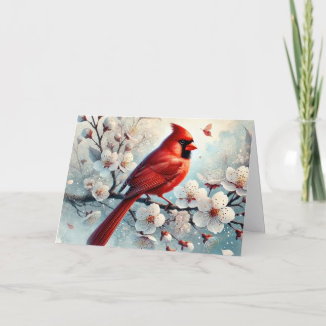 Tarjeta Festiva Winter Cardinal with Flowers Christmas (Anverso)