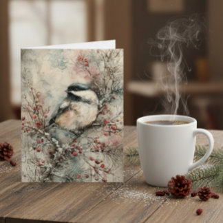 Tarjeta Festiva Winter Chickadee Watercolor Christmas Card – Peace