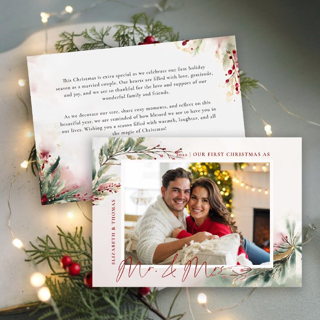 Tarjeta Festiva Winter Dream Greenery Photo First Christmas Sr. Mr (first christmas mr mrs romantic holiday christmas photo card watercolor winter greenery botanical)