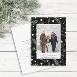 Tarjeta Festiva Winter Evergreen Foliage Photo Black Holiday Card<br><div class="desc">Estos Navidades | La tarjeta de vacaciones presenta un patrón de vegetación de invierno pintado a mano sobre un fondo negro y texto personalizado en la parte posterior. Para una personalización más avanzada de este diseño, haga clic en el enlace Personalizar Más adelante para cambiar el tipo de letra, tamaño,...</div>