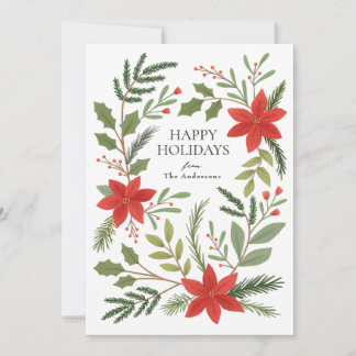 Tarjeta Festiva Winter Floral Pointsettia Greenery Holiday Card