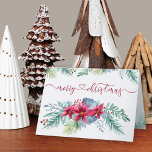Tarjeta Festiva Winter Foliage Poinsettia Watercolor Garland<br><div class="desc">Tarjetas de Navidad personalizadas con caligrafía elegante y bonito de guirnaldas florales de invierno. Esta acuarela presenta un diseño con poinsettias con follaje de invierno, bayas y pino. Feliz Navidad está escrito a mano y vinculado a un corazón de amor. En el interior, hay un borde de bosque de pinos...</div>