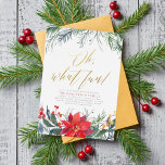 Tarjeta Festiva Winter Greenery Christmas Holiday Party<br><div class="desc">Invite friends or colleagues to celebrate the season with these elegant holiday party cards. The design features "Oh, what fun!" in beautiful gold script lettering, with your party details below in simple typography. The text is framed by a hand-painted border of fir, pine, winter berries, lush greenery, and a red...</div>