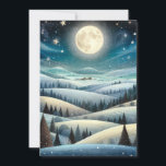 Tarjeta Festiva Winter Hillside<br><div class="desc">Un paisaje invernal sereno se despliega bajo el resplandor de una luna llena, con colinas onduladas cubiertas de nieve y salpicadas de árboles oscuros y verdosos. Las estrellas brillan en el cielo nocturno, añadiendo un toque mágico a la escena pacífica. Este fantástico paisaje cuenta con una luna llena que ilumina...</div>