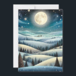 Tarjeta Festiva Winter Hillside<br><div class="desc">Un paisaje invernal sereno se despliega bajo el resplandor de una luna llena, con colinas onduladas cubiertas de nieve y salpicadas de árboles oscuros y verdosos. Las estrellas brillan en el cielo nocturno, añadiendo un toque mágico a la escena pacífica. Este fantástico paisaje cuenta con una luna llena que ilumina...</div>