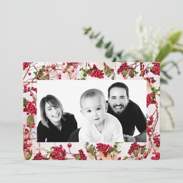 Tarjeta Festiva Winter Holly Photo (Anverso de pie)