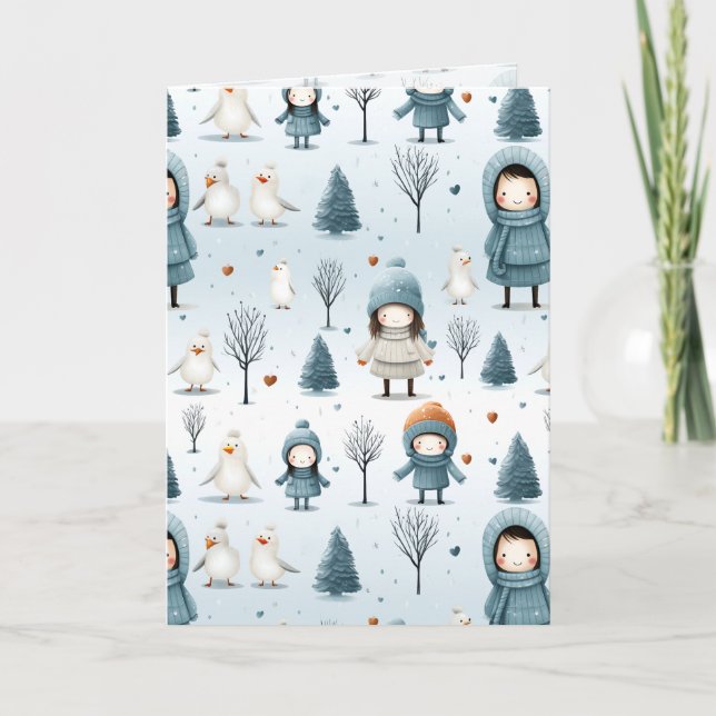 Tarjeta Festiva Winter Kids Playing (Anverso)