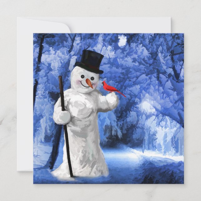 Tarjeta Festiva Winter Lane Snowman con pintura del cardenal rojo (Anverso)