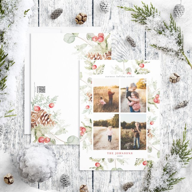 Tarjeta Festiva Winter Pine Berry Green 4 Photo Holiday Card (Subido por el creador)