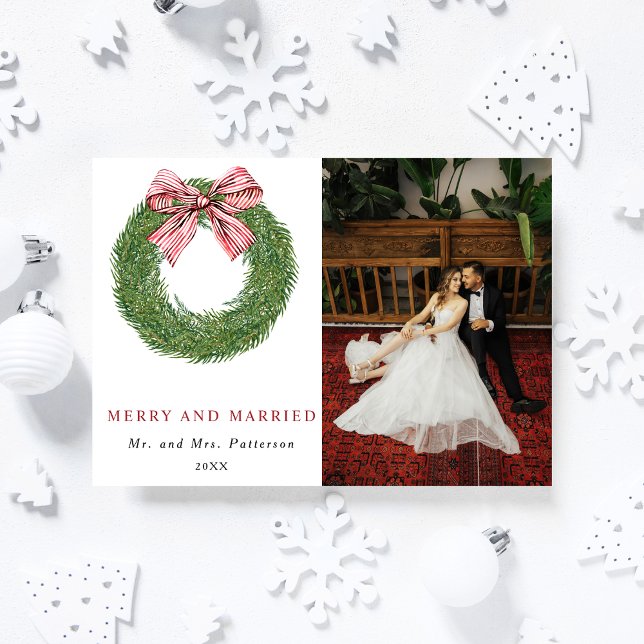 Tarjeta Festiva Winter Pine Wreath Merry & Married Photo Christmas (Subido por el creador)