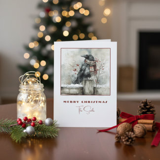 Tarjeta Festiva Winter Raven Crow Christmas Card with Cozy Scarf