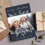 Tarjeta Festiva Winter Sage | Merry Christmas Holiday Photo Card<br><div class="desc">Festive and elegant in shades of pale green, grayed jade and white, our Winter Sage holiday photo card features your favorite horizontal or landscape oriented photo framed by sketched green botanical leaves on a dramatic deep navy blue background. "Merry Christmas" appears at the top in modern calligraphy script lettering. Personalize...</div>