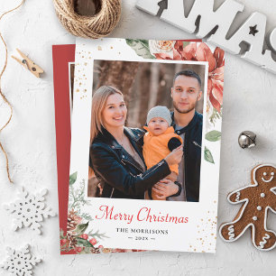 Tarjeta Festiva Winter Scarlet Red Floral Merry Christmas 2 Photo