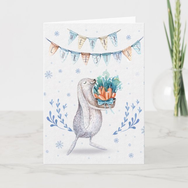 Tarjeta Festiva Winter Snow Bunny Merry Christmas (Anverso)