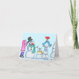 Tarjeta Festiva Winter - Snowman, Snowcat, Snowdog, and Girl