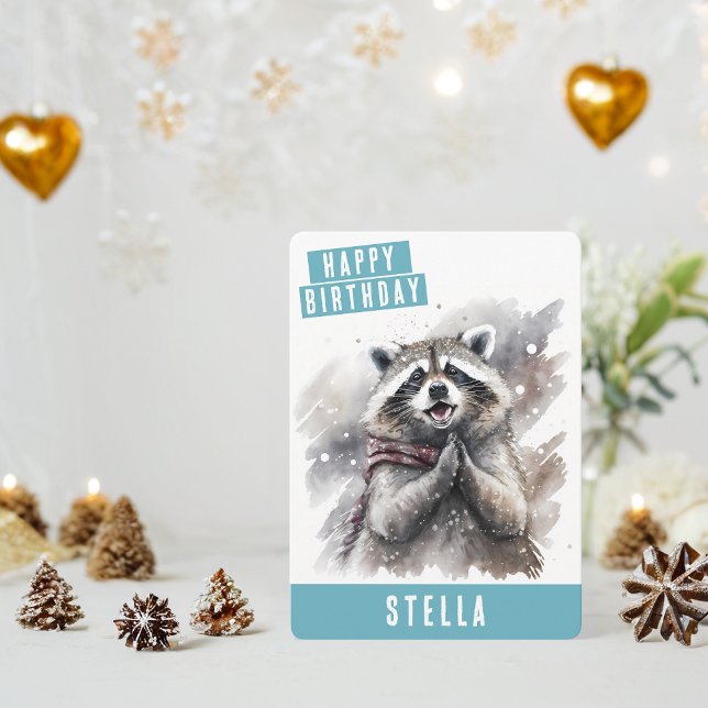 Tarjeta Festiva Winter vibes Raccoon Birthday Card (Subido por el creador)