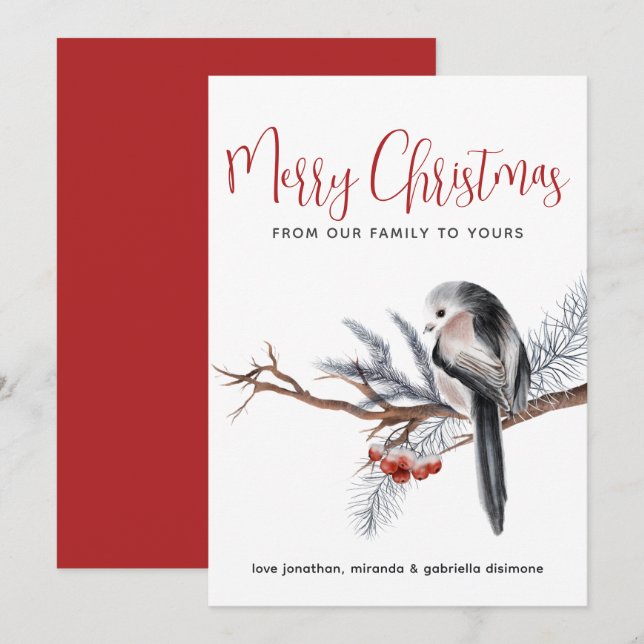Tarjeta Festiva Winter Watercolor Bird Red (Anverso / Reverso)