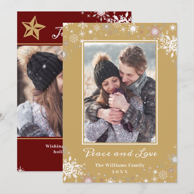 Tarjeta Festiva Winter Wonderland Red Gold Peace and Love 2 Photo (Anverso / Reverso)