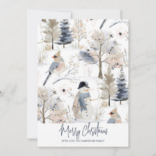 Tarjeta Festiva Winter Wonderland Snowman and Bird Pattern