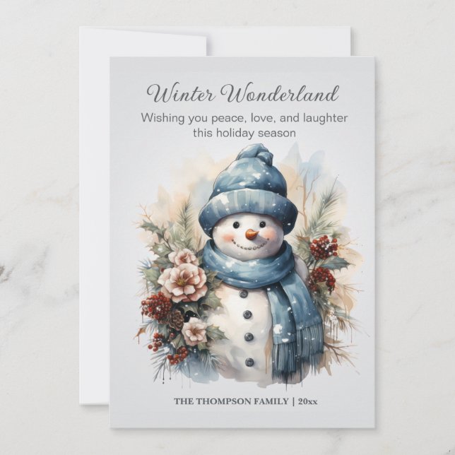 Tarjeta Festiva Winter Wonderland Snowman Dusty Blue (Anverso)