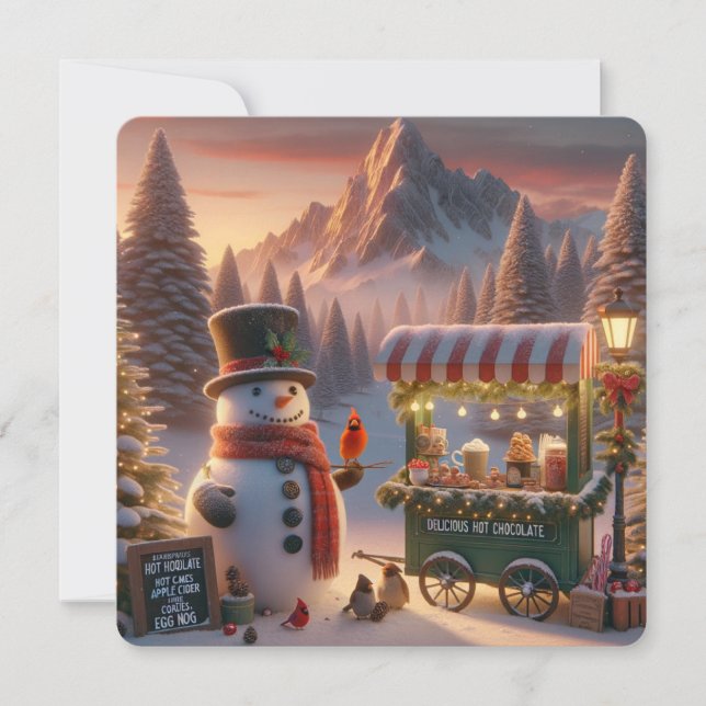 Tarjeta Festiva Winter Wonderland Snowman's Hot Chocolate Cart (Anverso)