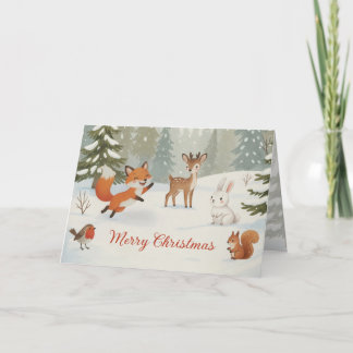 Tarjeta Festiva Winter Woodland Merry Christmas Forest Animals