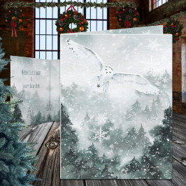 Tarjeta Festiva Winter Woodland Mountain Forest Great White Owl