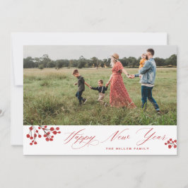 Tarjeta Festiva Winterberry Elegant Script Happy New Year Photo