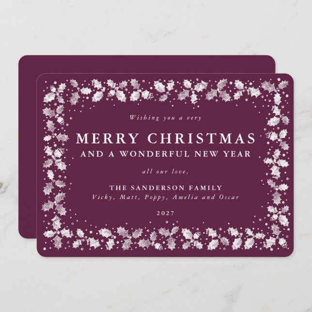 Tarjeta Festiva Winterberry Holly deja el borde plano no foto (Anverso / Reverso)